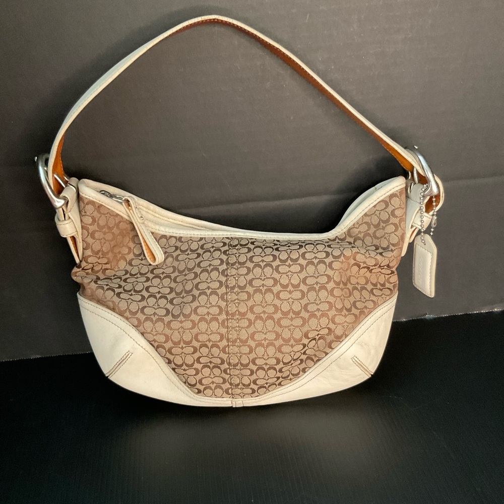 Vintage Coach 6351 signature jaquard khaki & white soho hobo canvas & leather
